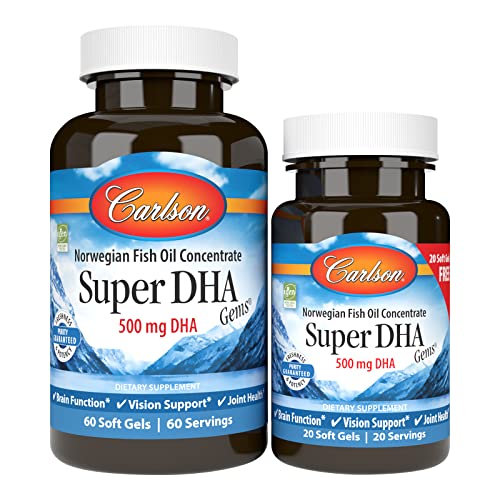 Carlson - Super DHA Gems, 500 mg DHA Supplements, 640 mg Fatty Acids, Wild-Caught Norwegian Arctic Fish Oil Concentrate, Sustainably Sourced Nordic Fish Oil Capsules, 60+20 Softgels Carlson - Super DHA Gems, 500 mg DHA Supplements, 640 mg Fatty Acids, Wild-Caught Norwegian Arctic Fish Oil Concentrate, Sustainably Sourced Nordic Fish Oil Capsules, 60+20 Softgels