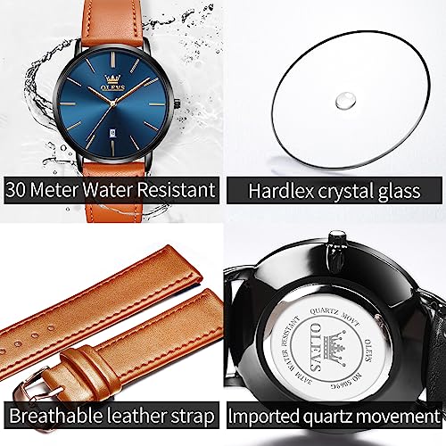 Image of OLEVS Mens Watches Minimalist Ultra Thin Fashion Casual Analog Quartz Date Watch Waterproof Slim Simple Big Face Dress Wrist Watch with Retro Leather Band for Men