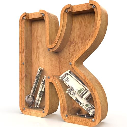 Image of Piggy Bank for Kids Boys Girls, Large Personalized Wooden Letter Piggy Bank with Cut-Out Design, Alphabet Letter Coin Banks, Money Savings Box, Wooden Bank for Kids Creative Gift for Real-Money(K)