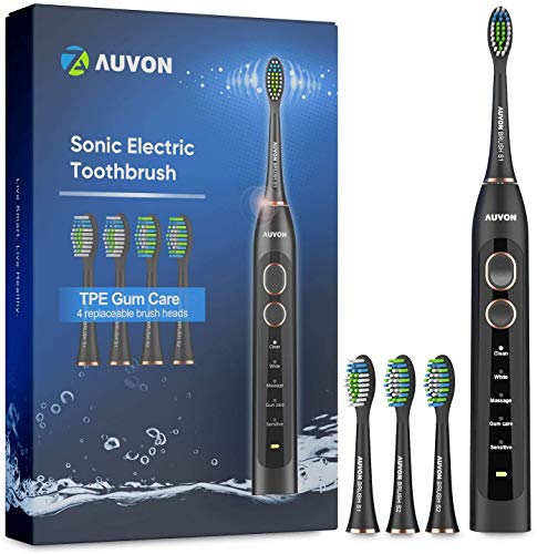 Sonic Toothbrush, AUVON DeepClean Rechargeable Sonic Electric Toothbrush with 5 Powerful Modes, 3 Hours Charge Minimum 30 Days Use, 4 Included Brush Heads for Travelling or Home Use