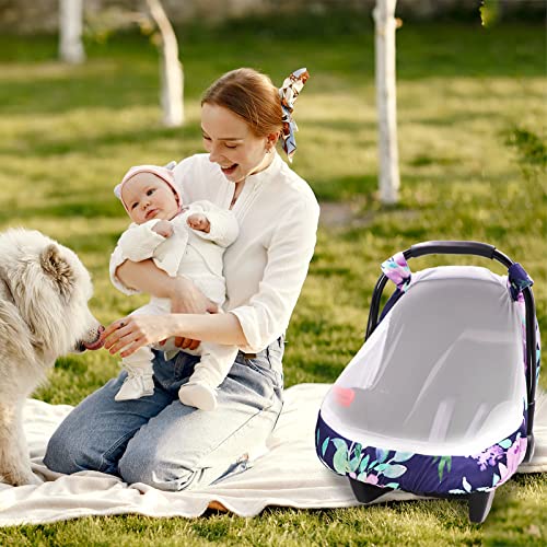 Image of Breathable Baby Car Seat Cover, Extra Large Mesh Window for Summer, Lightweight Infant Windproof Canopy, Must-Have Baby Gifte, Purple Floral