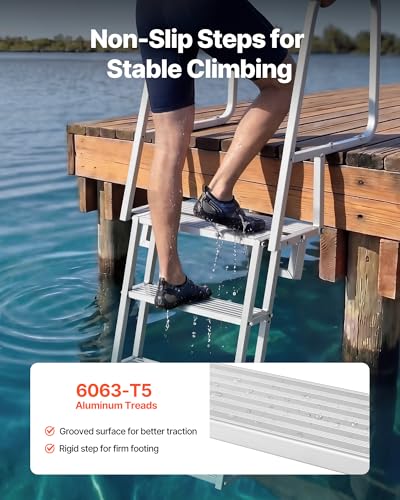 Image of VEVOR Flip-Up Dock Ladder, 4-Step, Heavy-Duty Aluminum Alloy Pontoon Boat Swim Ladder, with Non-Slip Wide Steps, 350 lbs Weight Capacity, Pull Rope Assist, Comfort Use for Lake Pool Marine Boarding
