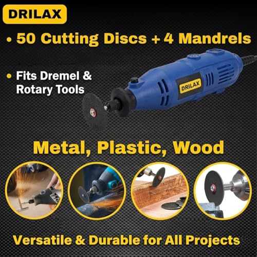 Drilax Rotary Tool Cutting Discs for Metal 50 Pcs Cut Off Wheels Double Fiberglass Reinforced Cut Off Tool Set with 4 Mandrels Compatible with Dremel Cutting Discs 426 426b