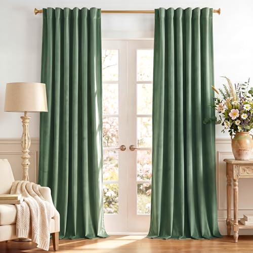 Image of Emerald Green Velvet Thermal Curtains for Bedroom, W52 x L108, 2 Pcs | Back Tab, Room Darkening, 300GSM Soft Velvet, Privacy Door Curtains for Living, Dining Room, Holiday, Chrismas, Home Decor
