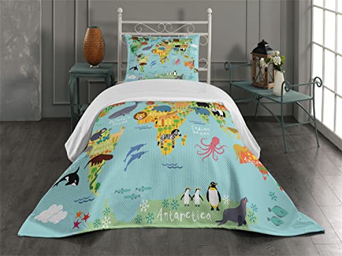 Ambesonne Cartoon Coverlet Set, Animal Map of The World for Cartoon Mountains Forests Happy Atlas, 3 Piece Decorative Bedding Bedspread with 2 Pillow Shams, Twin Size, Yellow Green and Pale Blue