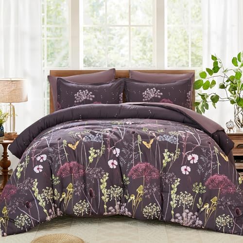 Yiran Purple Comforter Set Queen Size, 7 Piece Floral Dandelion C...
