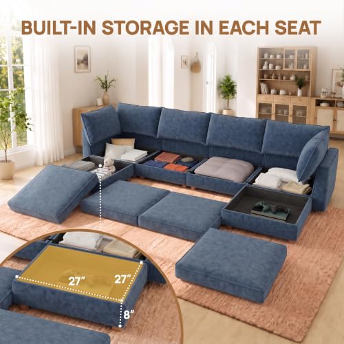 Image of 99 inch Chenille Modular Sofa Bed with Washable Covers & Storage, 6-Seater Modular Sectional Sleeper Sofa Bed with Movable Ottoman Chaise, Convertible Sleeper Sectional Couches for Living Room, Blue