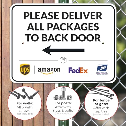 Image of Package Delivery Sign, Delivery Instructions Deliver All Package to Back Door Left Arrow Sign, 18x24 Inches, Rust Free .063 Aluminum, Fade Resistant, Made in USA by Sigo Signs