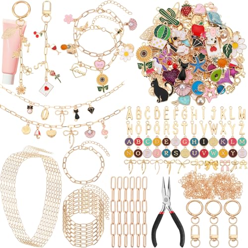 Tudomro 440 Pcs Charms Lip Gloss Keychain Making Kit Necklace Bracelets Kit Gold Paperclip Chain DIY Supplies with Charms Key Chain Hooks Jump Rings Lobster Clasps for Women Christmas Gifts