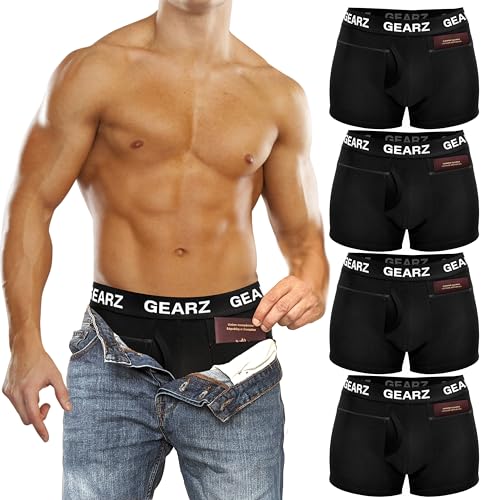 GEARZ 4 Packs Men's Hidden Pocket Boxer Briefs with Fly - Pickpocket Proof Travel Underwear Pockets - Anti Theft Wallet