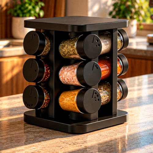 Porta Temperos Giratório Preto com 12 Potes de Vidro 85ml | Base Giratória 360°, Polipropileno e Vidro, 12 Potes Inclusos, Organizador de Temperos e Condimentos