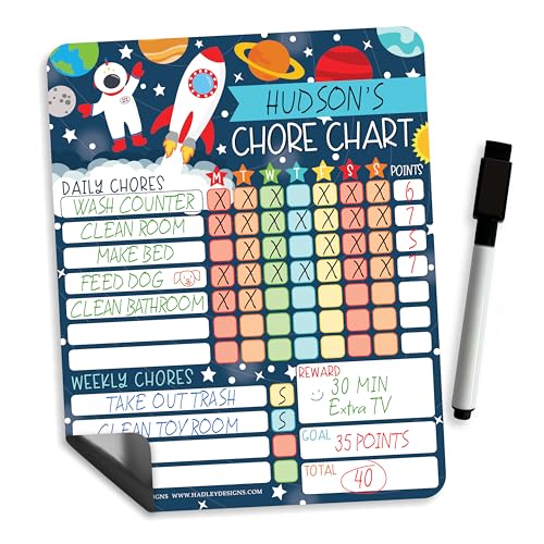 Image of Hadley Designs Magnetic Chore Chart for Kids - Reward Chart for Kids, Dry Erase Responsibility Board for Children at Home, Fridge Behavior Tracker for Daily & Weekly Tasks, Space Toddler Chore Board