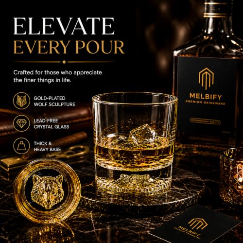 Image of Melbify Gold Wolf Whiskey Glass Gift Set | 2 pcs Set | 300 ml | Premium Packing | Gift Box | Gold-Bottomed | Imported | Luxurious | Ideal for Wedding Gifts, Anniversary, VIP and Corporate Gifts