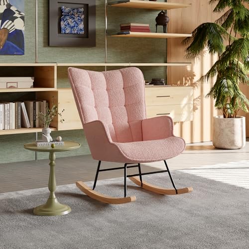 LIVLUX Poltrona a dondolo, sedia a dondolo con braccioli, sedia allattamento, gambe in legno massello, per soggiorno camera da letto, balcone giardino (rosé A, 68 x 75 x 92 cm)