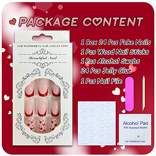 Valentines Day Press On Nails Short Red French Tip Nails Heart Acrylic Fake Nails Square False Nails With Designs Cute Glue On Nails Glossy Artificial Nails For Women And Girls Manicure Nail Art #TOP4
