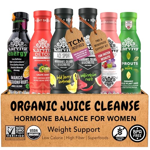 Karviva Juice Cleanse For Women's Health & Hormonal Balance | Ancient Remedies For Weight Control, Energy Boost, Skin Health | Detox, Energy, Collagen Boost, and Destress | TCM-Inspired Relief | Non-GMO, 6 BPA-Free Bottles