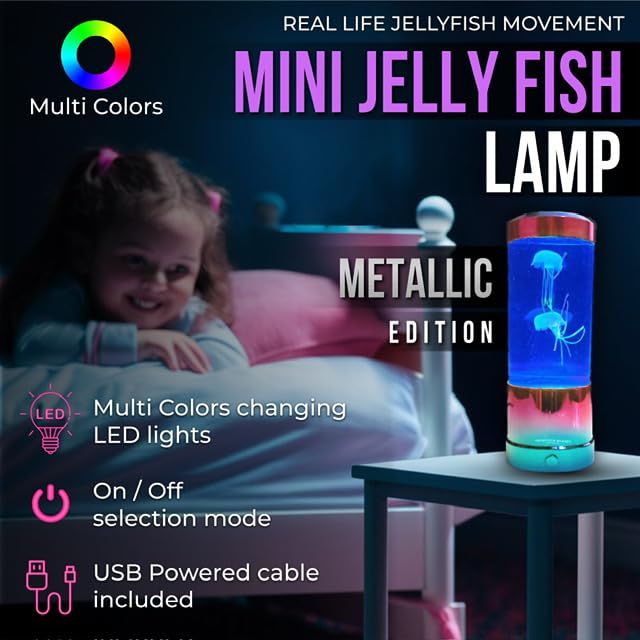 Image of Wireless Express LuminaJellyfish Mood Lamp with LED Lights - Realistic Jellyfish Motion, Multi-Color Changing LED Modes, Auto Shut Off (Metallic - 9 Inch)
