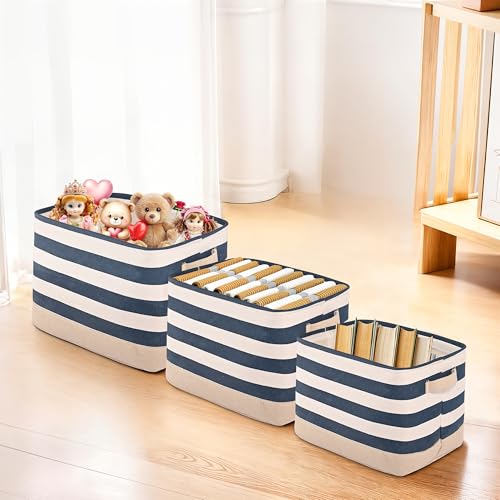 Image of Kuber Industries (Set of 3) Foldable Cosmetic & Skincare Dressing Table Organizer | Space-Saving Storage Boxes for Makeup Items /Hair Gadgets & Jewellery Holder | GM-30-BLU | White & Blue Stripe