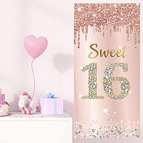 Image of Sweet 16 Birthday Door Banner Backdrop Decorations for Girls, Pink Rose Gold Happy 16th Birthday Party Door Cover Sign Supplies, Sixteen Year Old Birthday Poster Photo Booth Props Decor