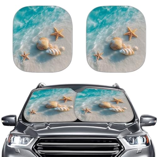 Image of Car Front Windshield Sun Shade 2 Pcs Beach Shells Starfish Sunshade for Car Windshield Foldable Car Accessories Universal for Most Cars Women Men, Blocks UV Rays