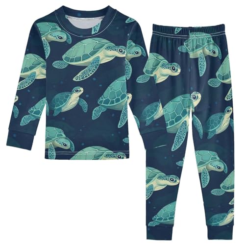 Pajama Sets Long Sleeve Sea Turtles Swimming Pattern Print Soft Comfy Sleepwear 2 Piece PJS 3-8T