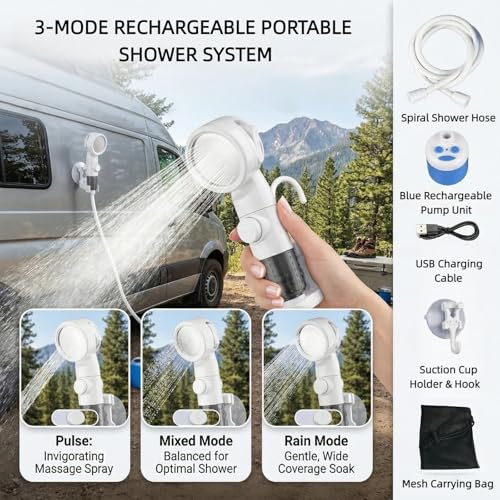 Ducha portátil para camping, bomba recargable con 3 modos de rociado, kit de ducha para exteriores con soporte de succión y bolsa de malla para viaje, baño de mascotas, lavado de autos y riego en el jardín miniatura 3