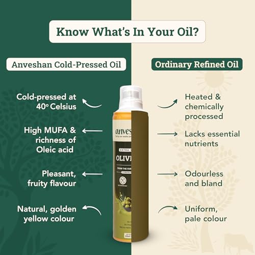 Image of Anveshan Extra Virgin Olive Oil Cooking Spray - 200ml | Extra Virgin, Cold Pressed, Natural; Cook Healthy with 10X LESS Oil | Ideal for Dressing, Baking, Air-Frying | Good for Skin, Hair & Massage