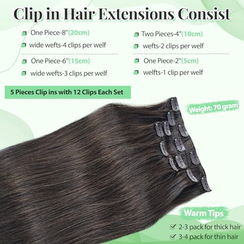 Image of Hair Extensions Real Human Hair Clip ins, 22 Inch Clip in Hair Extensions #2 Dark Brown Long Straight for Fashion Women