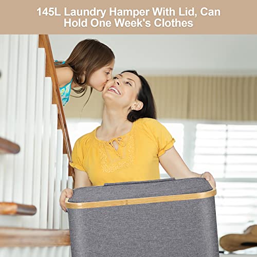 145L Xxx-Large Laundry Hamper With Lid – Dofasayi Foldable Laundry Basket With Bamboo Handles, Grey Dirty Clothes Hamper For Bathroom, Bedroom, Room, Closet, Hampers For Laundry, Toys, Clothing, Grey #TOP3
