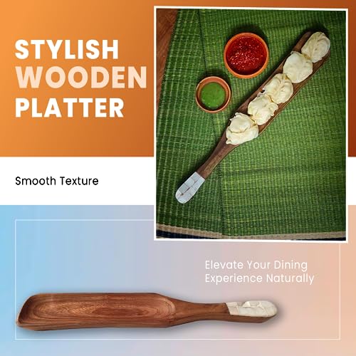 Image of Wooden Platters| Rosewood Serving Trays| Rosewood Momo Platter with Shell-Decorated Handle| Handcrafted Decorative Trays for Serving Snacks Fruits Desserts