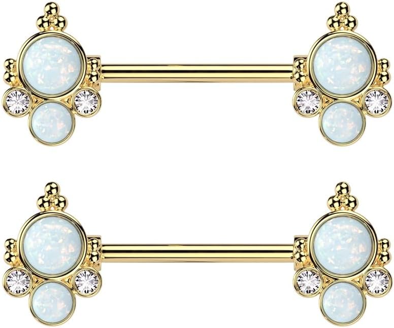 Pierced Owl 14GA 316L Stainless Steel Double Opalite with CZ Crystals Ends Nipple Barbells, Sold as a Pair