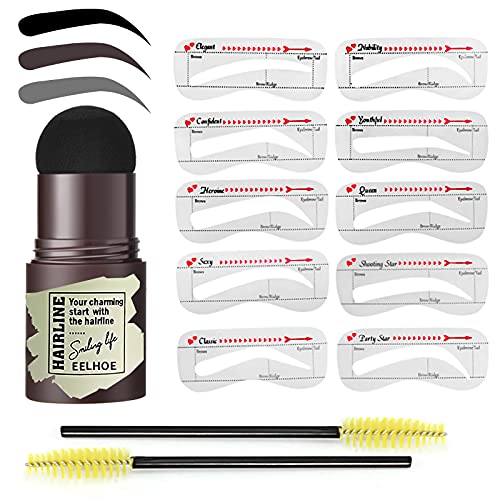 Adjustable Eyebrow Stamp Shaping Kit,Brow Definer Powder Pomade Stamp Makeup with 10 Reusable Eyebrow Stencils 2 Eyebrow Pen Brushes,Long Lasting Buildable Eyebrow Makeup Tool(brown)