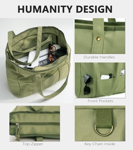 Extra Large Canvas Tote Bag for Women Men, Utility Work Bag with Zipper, Laptop Bags with Pockets, Teacher Tote, Olive4