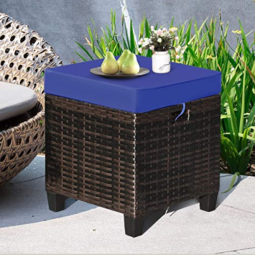 Tangkula 2 Pieces Outdoor Patio Ottoman, All Weather Rattan Wicker Ottoman Seat, Patio Rattan Furniture, Outdoor Footstool Footrest Seat W/ Removable Cushions (Navy Blue) #TOP3