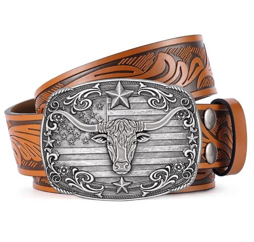 Image of SANSTHS Western Cowboy Belts for Men Women, Mens Western Belt Bull Buckle Country Belt Cowboy Leather Belt for Jeans