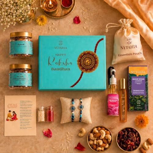 Image of Nytarra Rakhi Gift Box for Brother | 10+ Items Dry Fruits, Car Freshener, Perfume, Evil Eye Rakhi for Bhai & Bhabhi | Rakshabandhan Hamper for Bhaiya | Premium Raksha Bandhan Gift Set