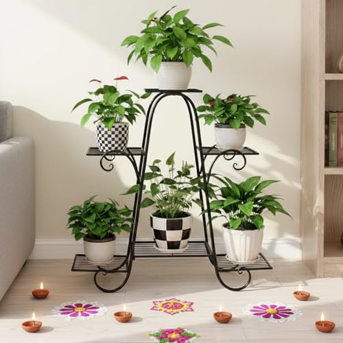 Pivalo 6 Tier Flower Plant Stands Living Room Flower Pot Shelf Decorative Multi Rack Planter Stand for Balcony Terrace Indoor & Outdoor (32x10x29 in, Black, 1 Piece)