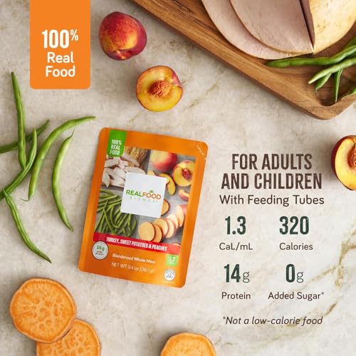 Image of REAL FOOD BLENDS Turkey, Sweet Potatoes & Peaches, Pureed Food Meal for Tube Feeding, 14g Protein, 23 Vitamins and Minerals, 9.4 oz (12 Pack)
