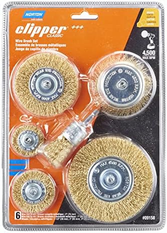 Norton Wire Brush Set, Clipper Wire Wheel Brush Set for Drill, Coated Brass Brushes for Cleaning, Crimped Wire Metal Brush, Pack of 6