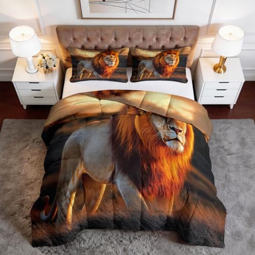 Edredón de 140 x 200 cm, diseño de paisaje sabana, animal león, edredón transpirable, suave, ligero, 4 estaciones, surrealismo, para cama individual, edredón sin funda con 1 fundas de almohada de 65 x