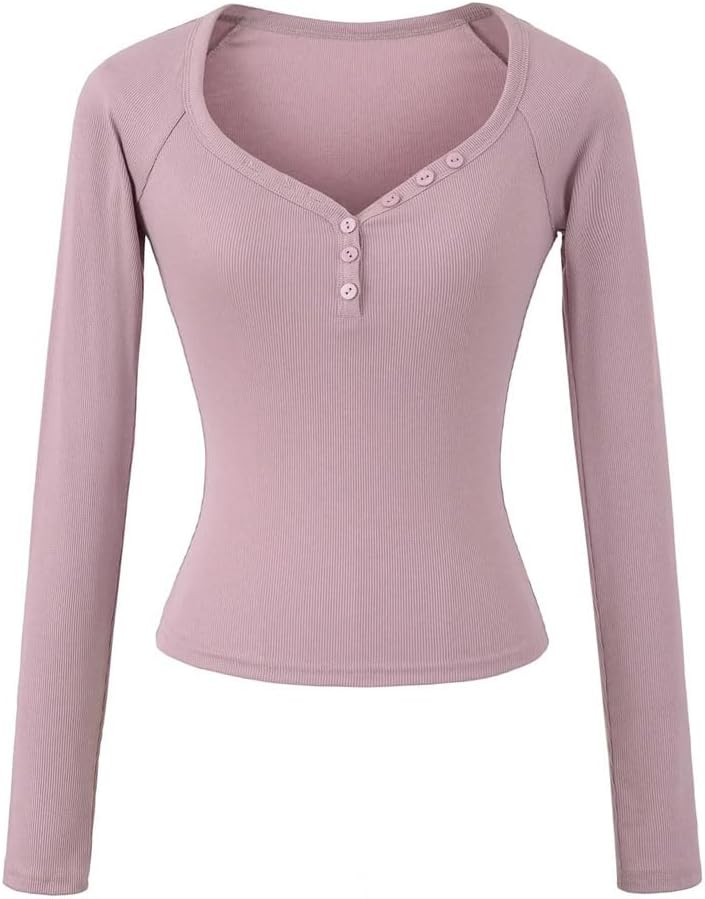 Women Heart Neck Top Button Decorate Up Long Sleeve T Shirt Short and Slim Fit T Shirt