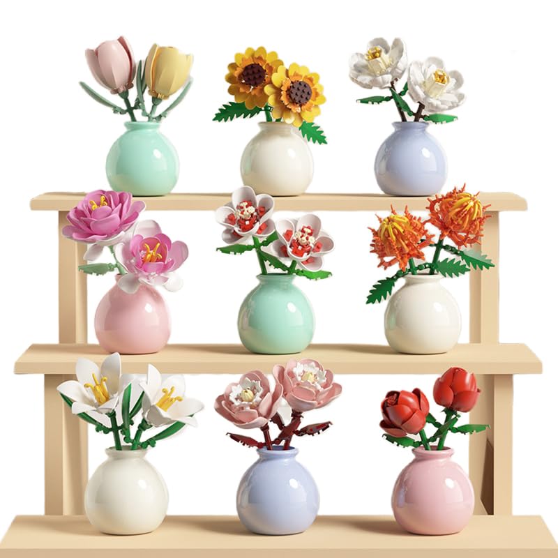Aningde 9 Flowers 850Pcs Botanical Flower Micro Building Bricks Model Kit for Adults – Roses Design for Home Decor – Ages 14+