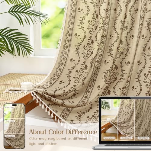 Image of Yinhua Boho Curtains for Living Room 63 Inch Length Vintage Linen Curtains for Bedroom Light Filtering Window Curtain Rod Pocket & Back Tabs Rustic Tassel Drapes with Tiebacks, Beige Brown