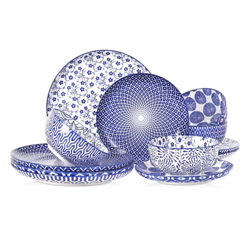 Image of Selamica Ceramic Plates and Bowls Sets,12 Pieces Dinnerware Sets for 4,Scratch Resistant Dish Set,Dishwasher & Microwave Safe, Vintage Blue