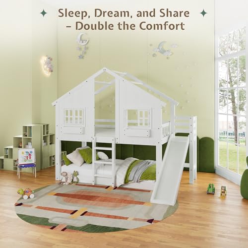 Image of Jocisland Twin Over Twin Bunk Bed with Slide and Ladder, Solid Wood, White | Play House Bunk Bed, 14 inch Safety Guardrails, Window Box Shelf, No Box Spring Needed, Noise-Free, Easy assembly