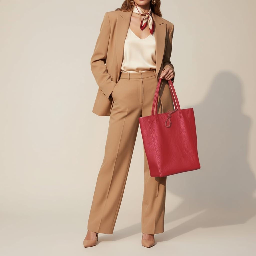 Italian Calf Leather Tote for Women with Zipper, Inner Pocket & Flat Base | Soft Unlined Shopper for Work & Travel - Image 2