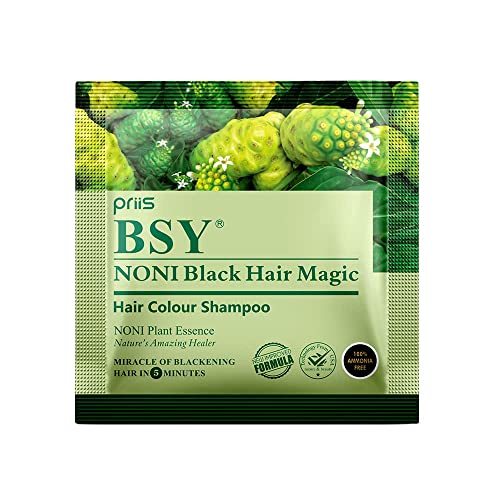 BSY 5-Min Natural Hair Color Black | Ammonia Free Long Lasting Hair Color Shampoo_Noni Fruit Extract Based Herbal | No Hair Loss, Grey Coverage Hair Dye Shampoo for Women & Men (12ml-6 Sachet)