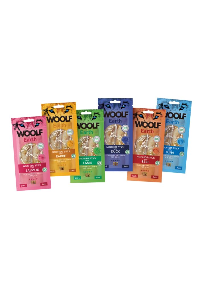 Woolf - Snack Natural - Colágeno para Perros - Pack Ahorro premios y chuches para Perros - Ternera, Cordero, salmón, Conejo, Pato y atún - 85gr - 6uds (Pack Surtido Woolf Earth Talla L 6x85gr)