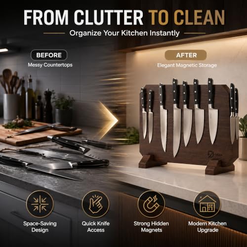 Portacuchillos magnético de doble cara, soporte para cuchillos de madera de acacia con imanes potentes, organizador de almacenamiento grueso para encimera de cocina, soporte de gran capacidad para cuchillos de chef miniatura 6