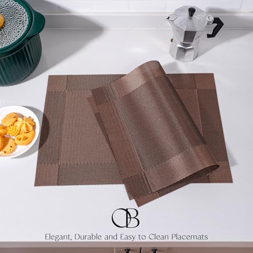 Image of Placemats Set of 4 - Easy Clean Woven Vinyl Placemats for Dining Table, Indoor /Outdoor Place Mats, Washable PVC Table Mats(Brown Cube)